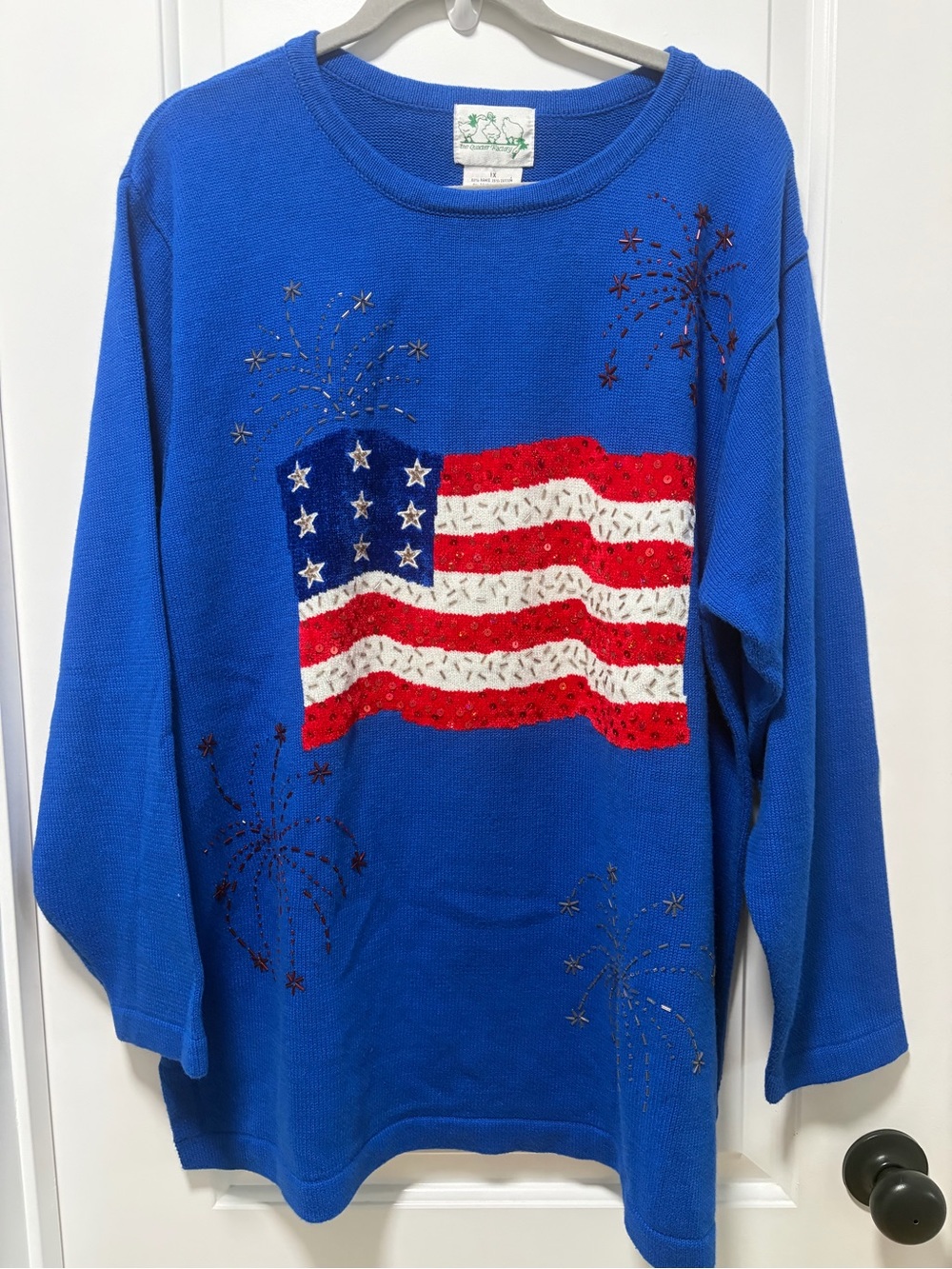 The Quacker Factory Blue American Flag Sweater size 1X Beaded Fireworks Vintage